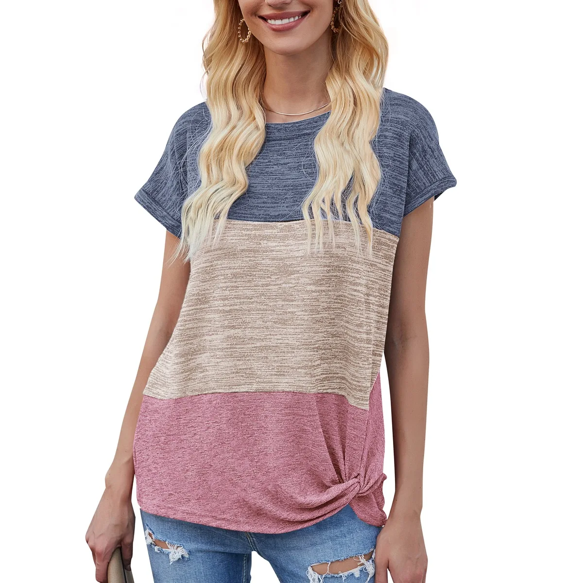 

Lady Short Sleeve Summer Femm Patchwork Crew Neck Womens Tee Shirts