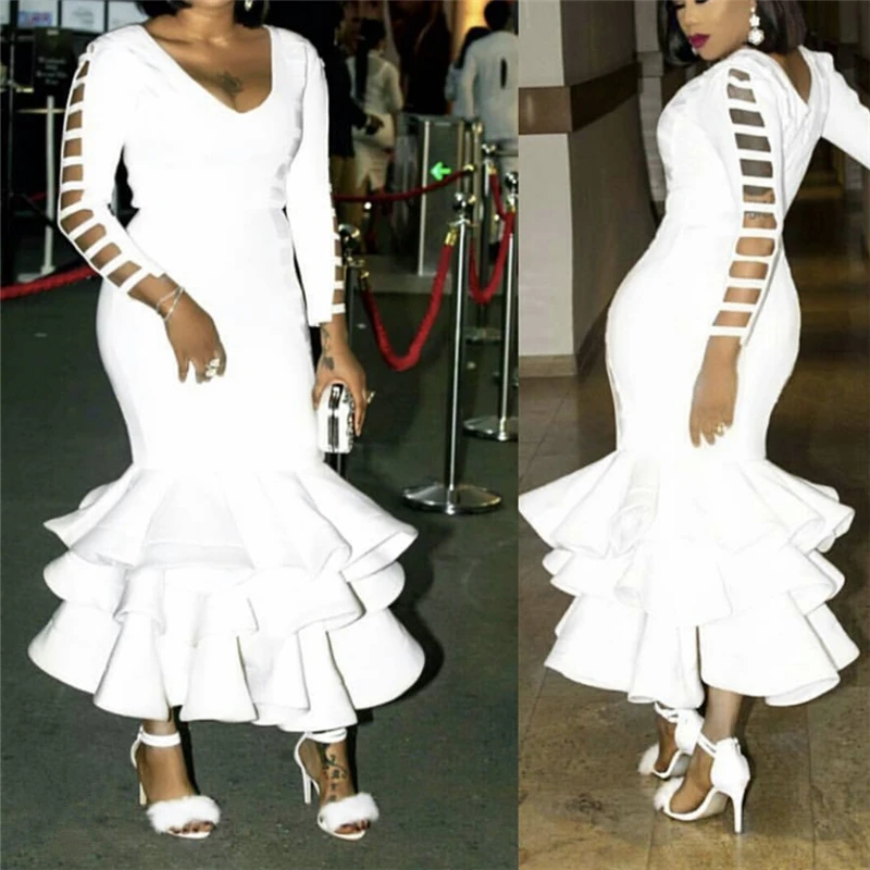 

Sexy V Neck Hollow Out Ruffled Chic Bodycon Lady Party Cocktail Dress, White