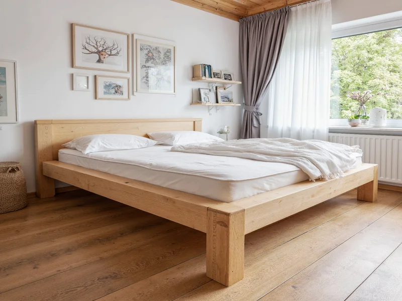 Completed DIY wooden bed frame with mattress