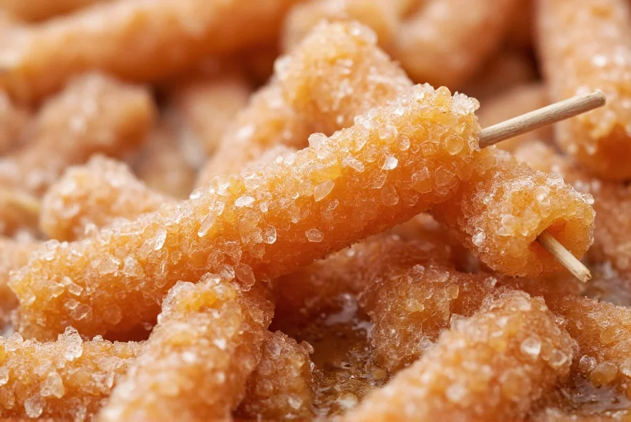 Close-up of homemade cinnamon rock candy crystals forming on wooden sticks in clear syrup