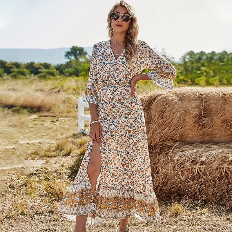 

2021 casual summer rayon hot sale floral boho print half bell sleeve maxi dress