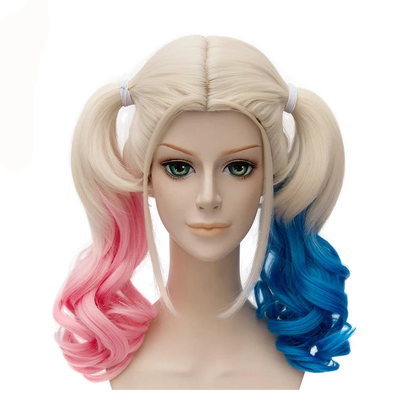 

Mcoser DC Comics Suicide Squad Harley Quinn Synthetic Hair Costume Anime Halloween Party Cosplay Wigs, Red blue gold mixed