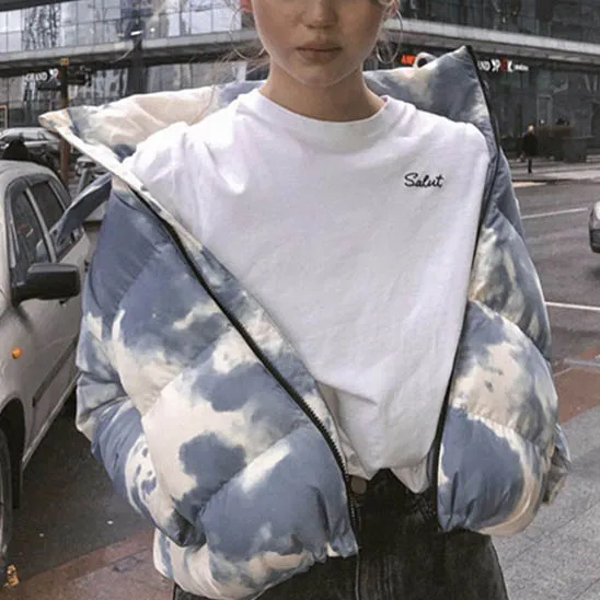 

Beautiful Jacket For Girls Tie Dye Printing Puffy Jacket 2020 Wholesale Fashion Pockets Warm Coat Women Winter Jackets