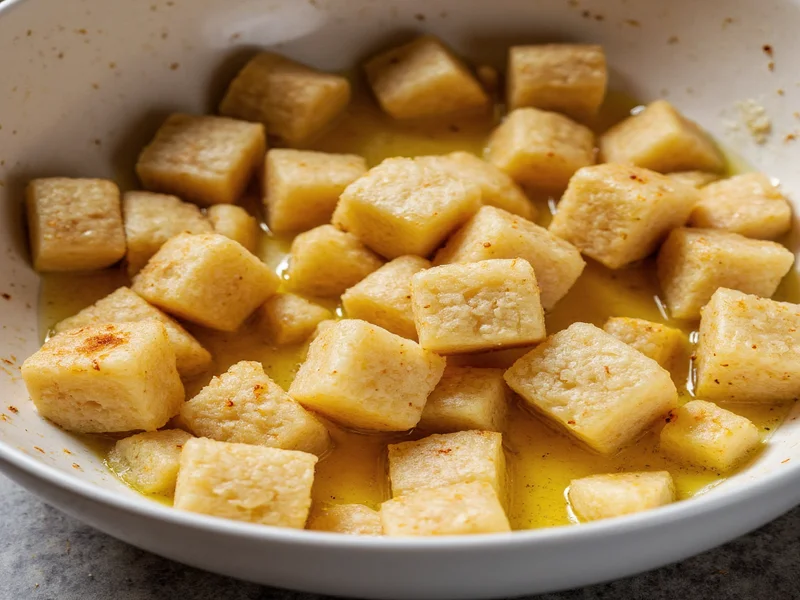 Mixing crouton cubes with oil and seasonings in bowl