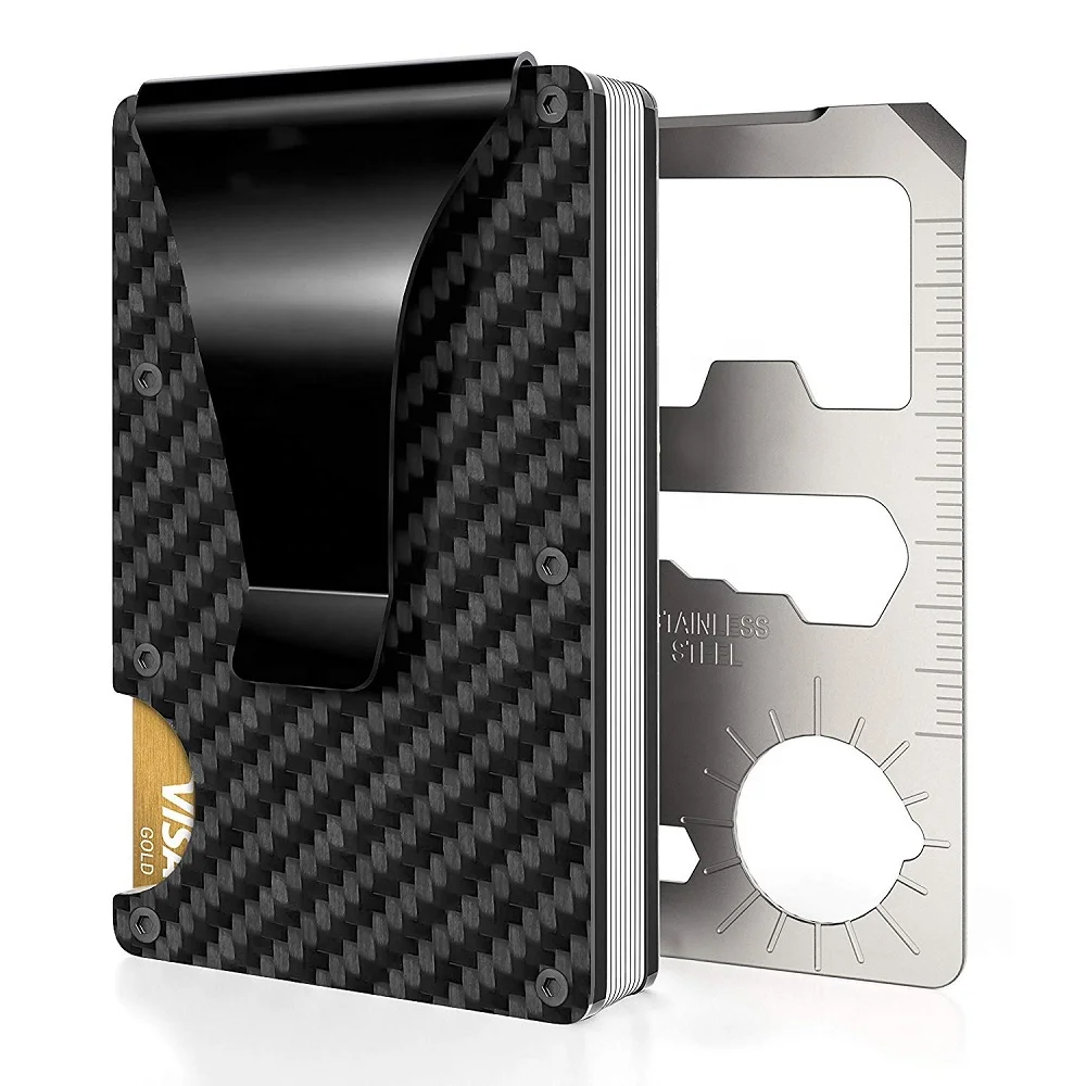 

Minimalist Carbon Fiber Money Clip Wallet RFID Blocking Card Holder Metal Wallet with Multitool, Black,gold,rose gold,silver,blue