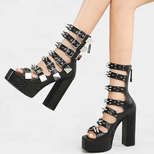 

Women Shoes Ankle Strap Rivet Decorate Chunky High Heels Platform Waterproof Square Toe Snake Skin Women Summer Sandals, Black white