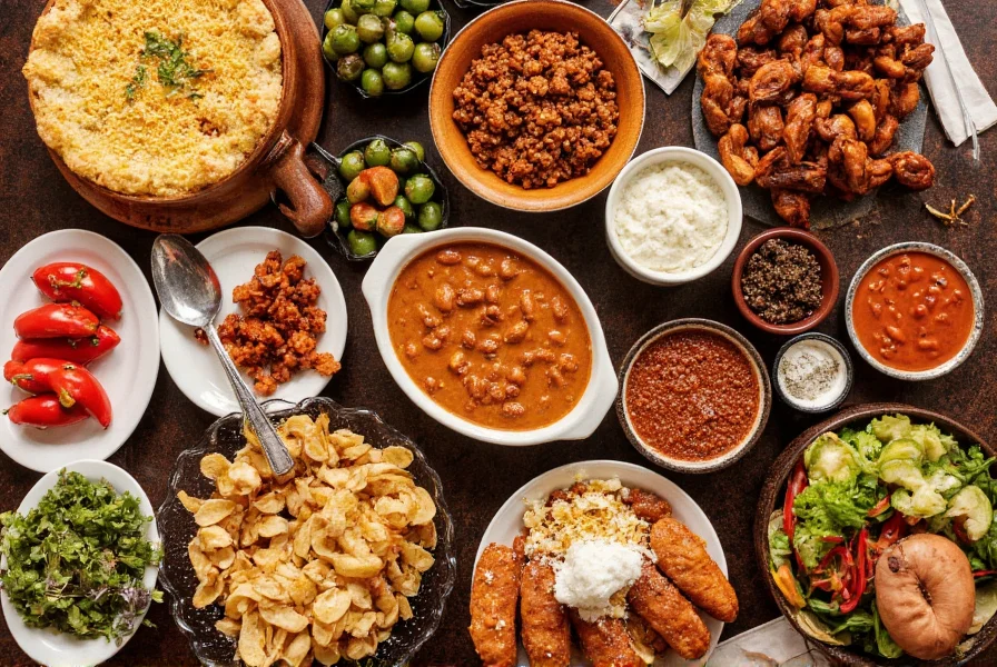 Chili meal spread with various toppings, side dishes, and beverage options arranged artistically