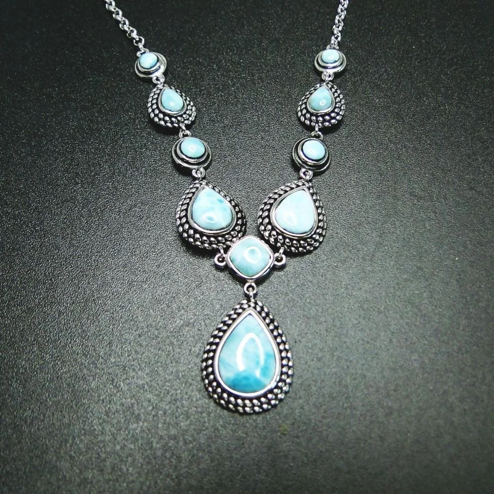 

Fashion Jewelry Blue Sky Natural Larimar 925 Sterling Silver Necklace