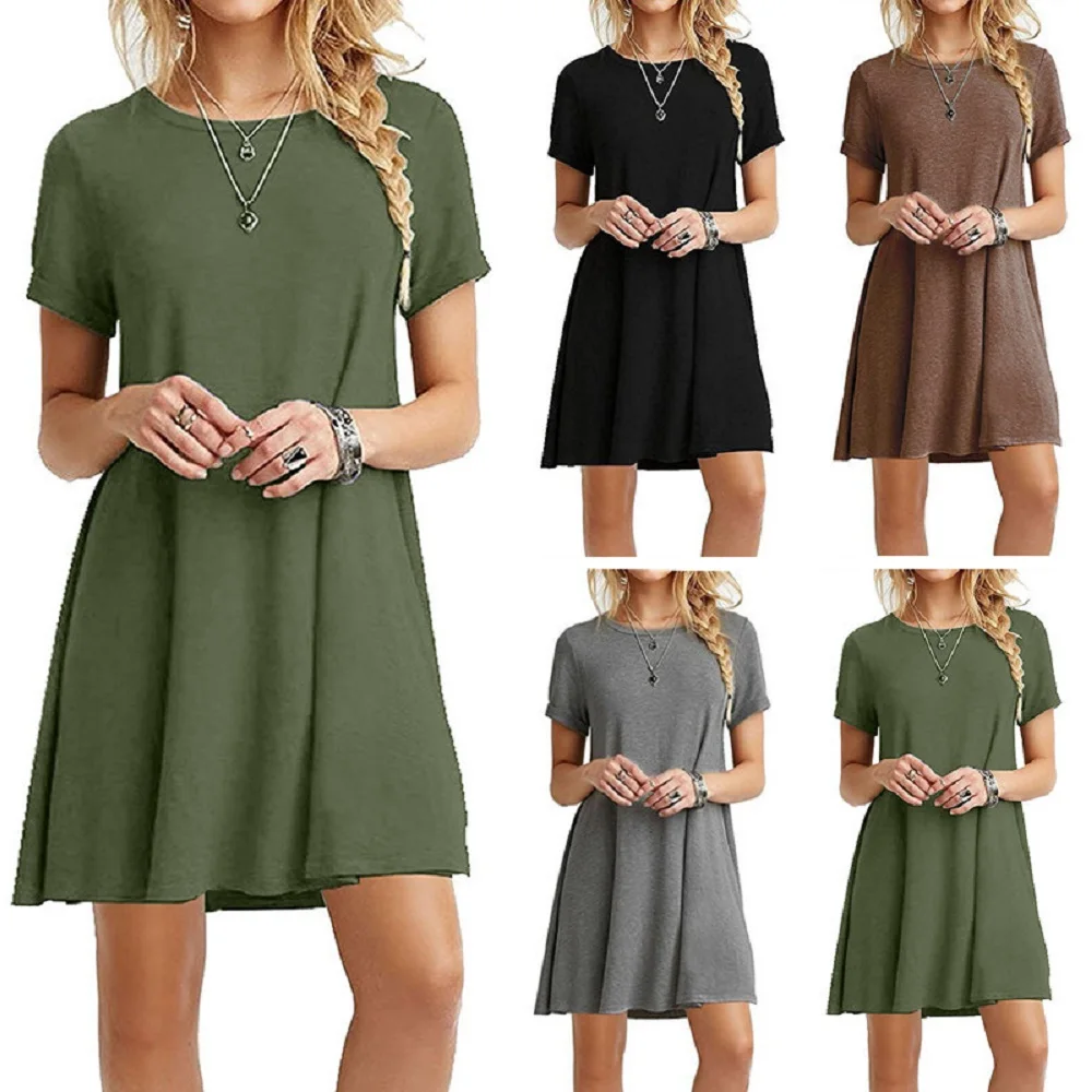 

Womens O-Neck Short Sleeve Loose Mini Dress Casual Boho Beach Party Summer Dresses