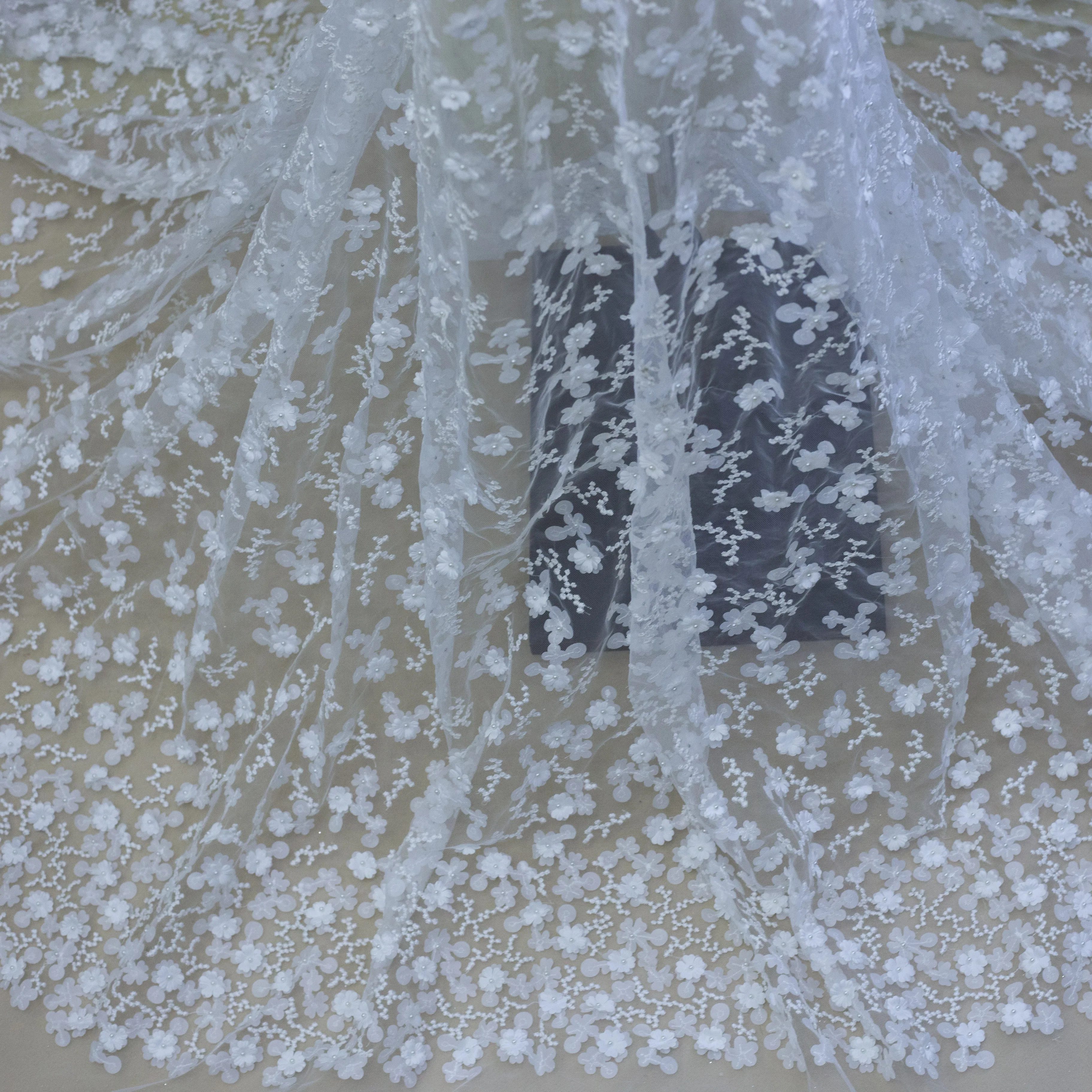 

Handmade 3d flower white beaded lace fabric, Off white,as your request