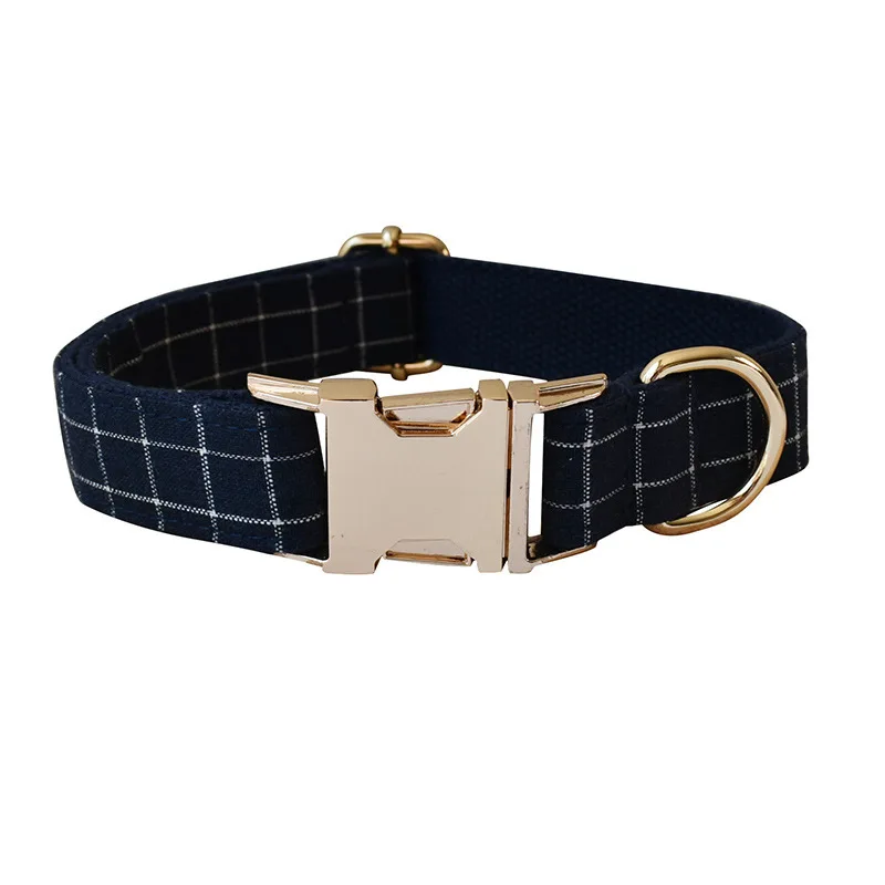 

Factory Direct Sell Navy Blue Plaid Engraved Dog Collar Bowtie Cotton Fabric Metal Buckle Leash Set, As picture