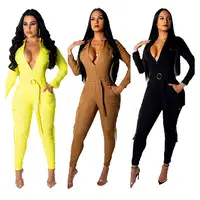 

10357NA Casual Pockets Zipper Belt Solid Color Trendy 2020 Women Sexy Jumpsuit And Rompers