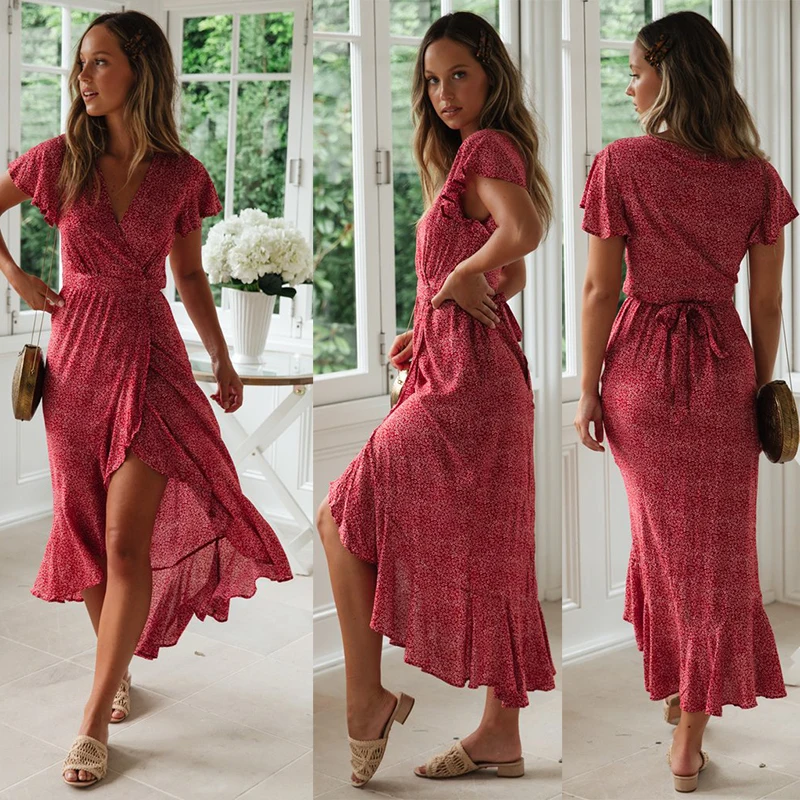 

Custom Design Print Dresses Woman Floral Summer Dress Wrap Tie Side Ruffle Hem Woman Prom Dress
