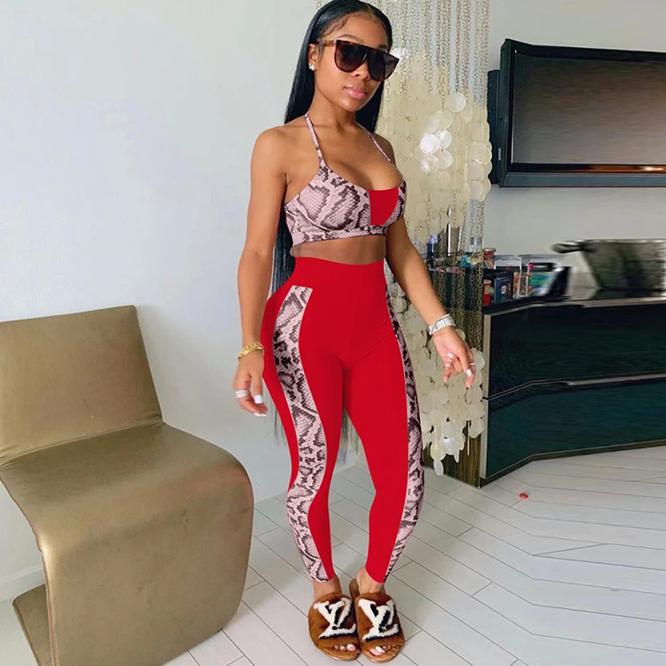 

Latest Summer Sporty Casual Pants Set Serpentine Halter High Waist Two Piece Sets Clothing -SM, Pink, red, blue