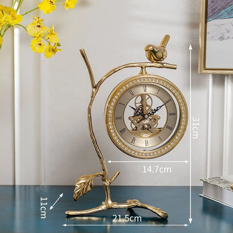 

Light luxury creative fashion pure copper tabletop clock American desk clock bird brass clock for home decoration retro artifact