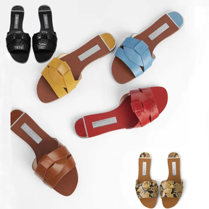 

2020 Sandals Women's Flat Bottom Summer New Type Leather Cross Decoration Flat-heeled Women's Sandals Wine Red Lazy Slippers