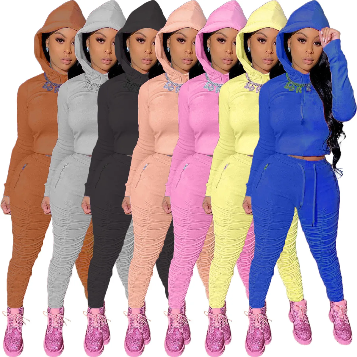 

custom Womens Fall Clothing 2021 Hooded Stacked Ladies Two Piece Sweat Pants Set Tracksuit Outfits 2 Piece Set Women Clothing