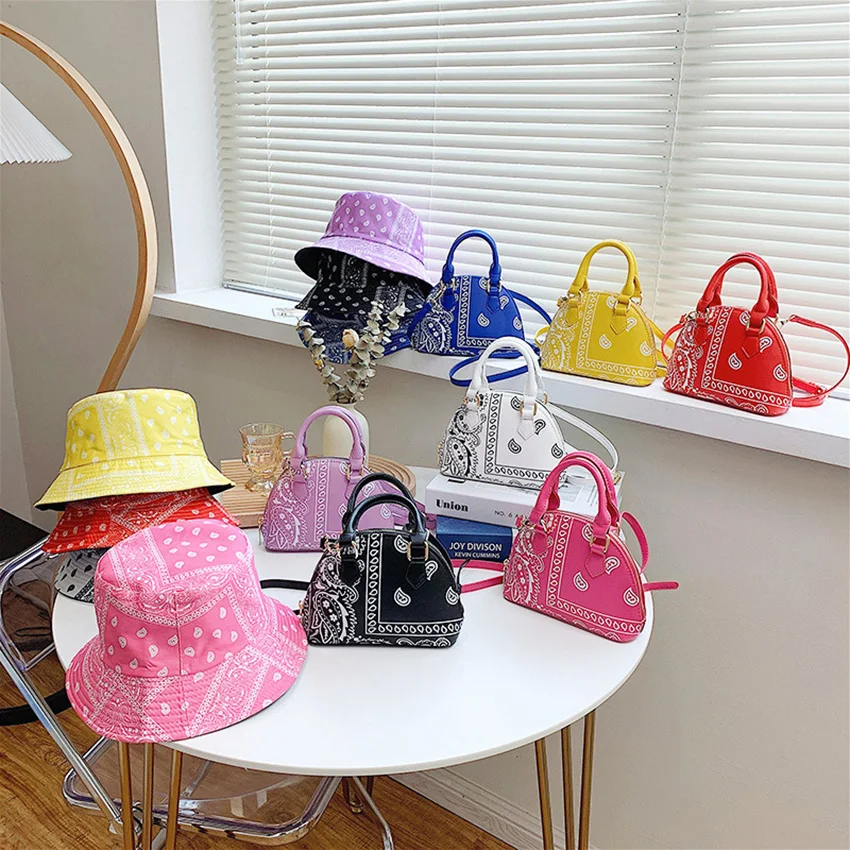 

2021 Paisley Bandana Messenger Bag for Woman Fashion Cashew Flower Lady Tote Shell Hand Bag and Matching Bucket Hat Set, 9 colors