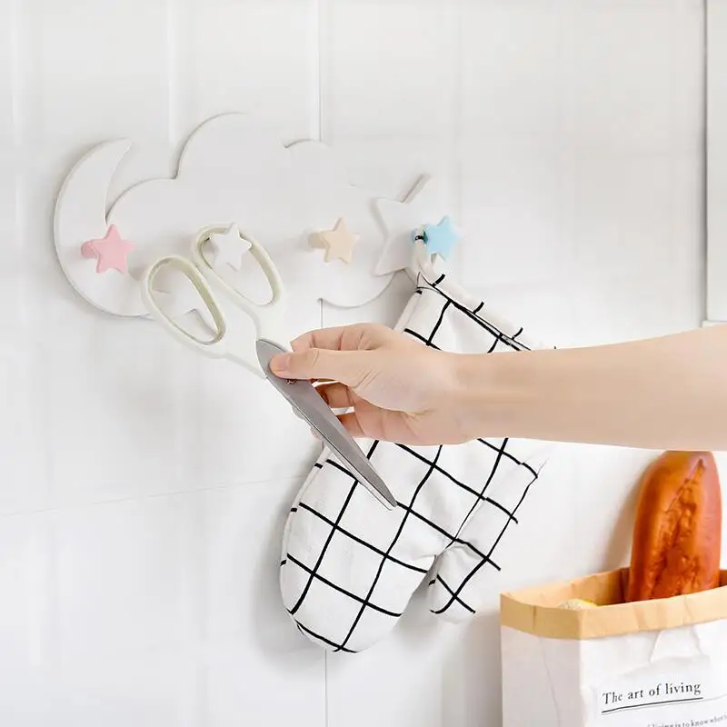 

Creative Cute Hanging Hanger Star Moon Cloud Shape Nail-free Wall Clothes Hooks Kids Room Decorative Key Kitchen Storage Hook, As photo