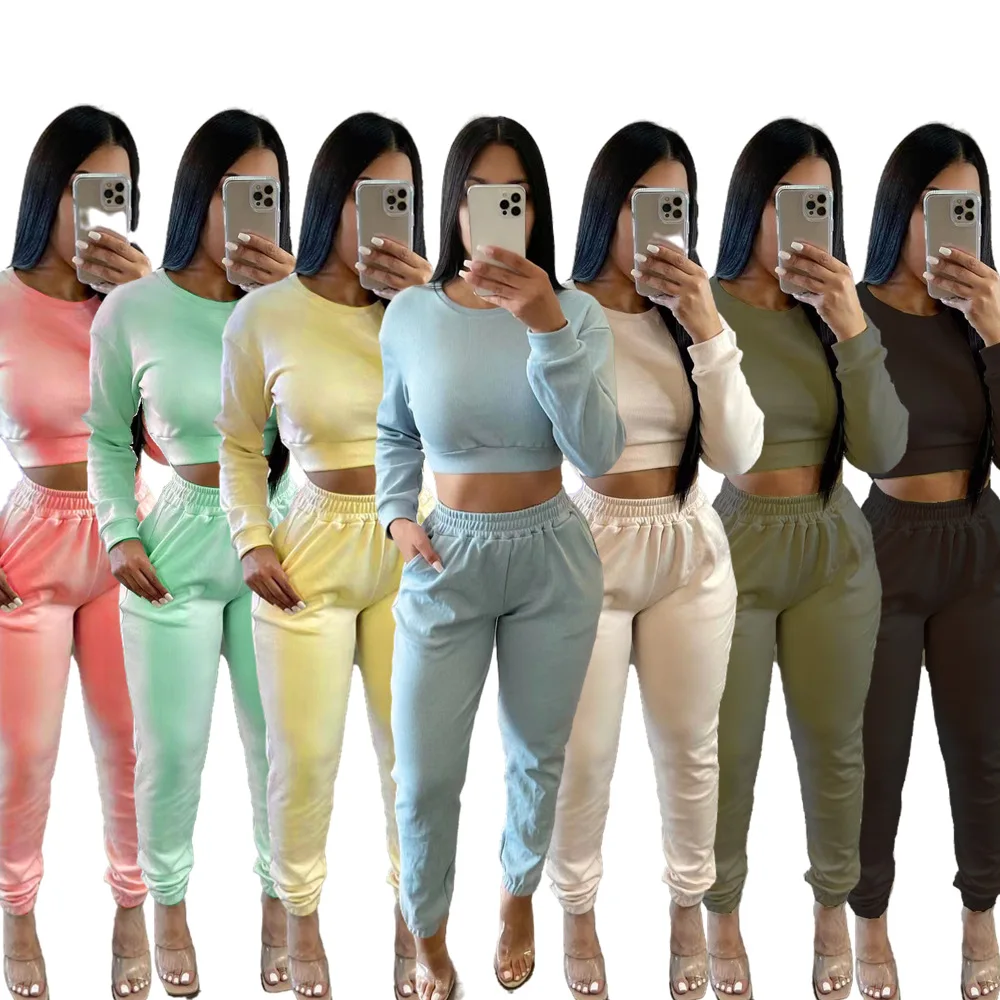 

EB-20111502 Crop Top 2 Piece Set Fashion Solid Color Tracksuit Women Two Piece Outfits Set