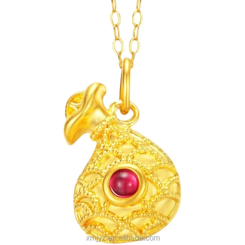 

Certified 18K Pure Gold Lucky Bag Inlaid With Red Agate Gemstone Necklace Pendant Au750 Accessories Money Bag Necklace Pendant