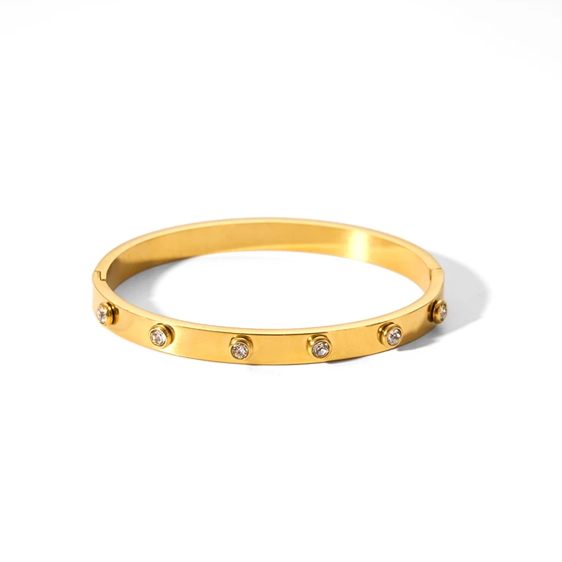 

Trendy 18K Gold Plated Cuff Bangle With Diamonds White Oval Cubic Zircon Bracelet Waterproof For Women