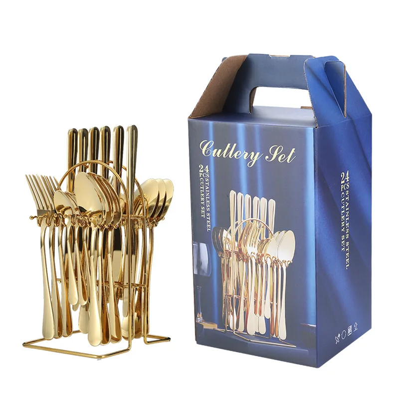 

Hot Selling 24 Pieces Gold Hanging Cutlery Set Stainless Steel Spoon Fork Knives sets tableware set With Hanging Holder