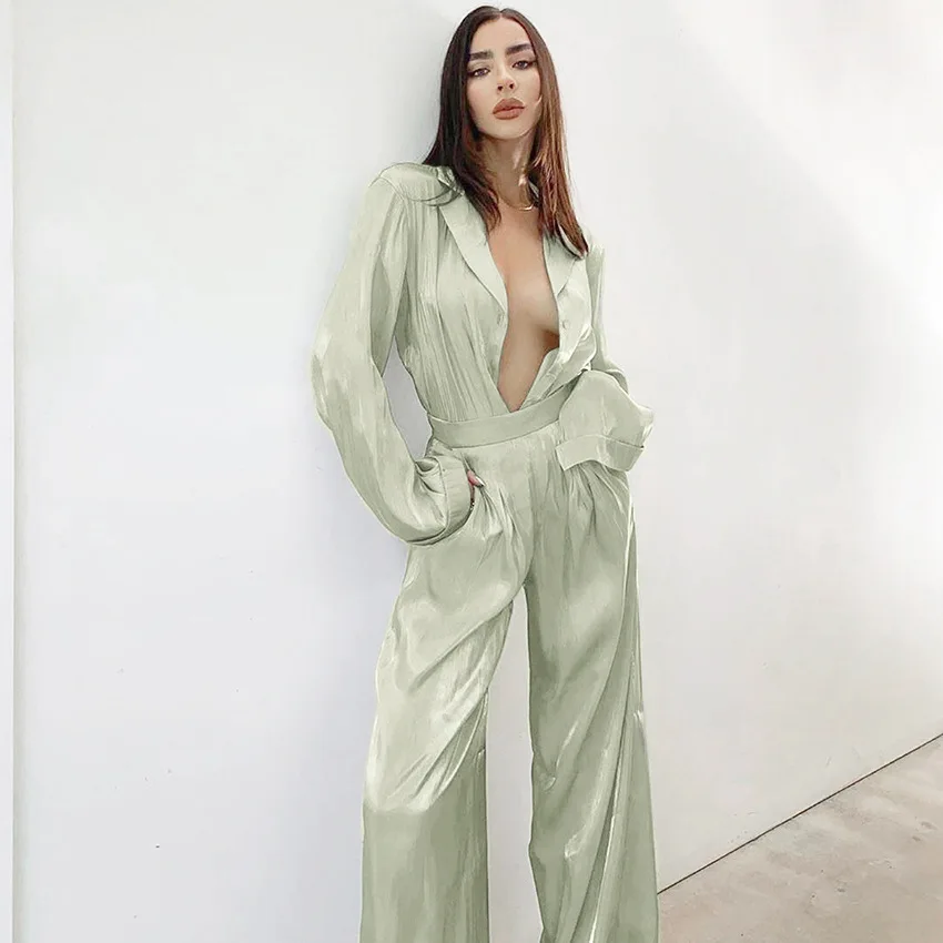 

2022 new long-sleeved loose shirt trousers sets casual fashion satin wide-leg pants two-piece women's clothing, Customized color