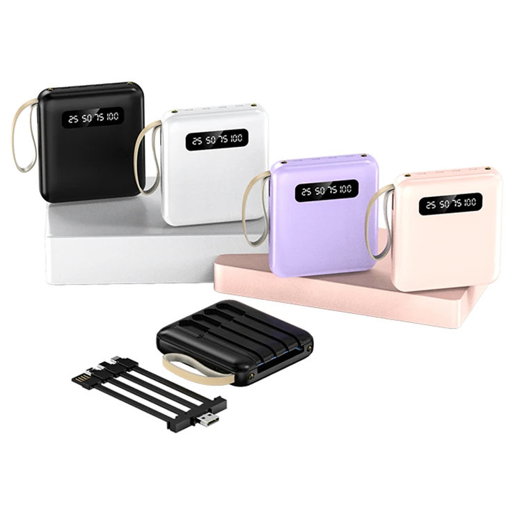 

Factory wholesale with 2USB Output Comes with 1 to 4 output charging cable mini 10000mah power banks 20000 mah, Black, white, pink, purple