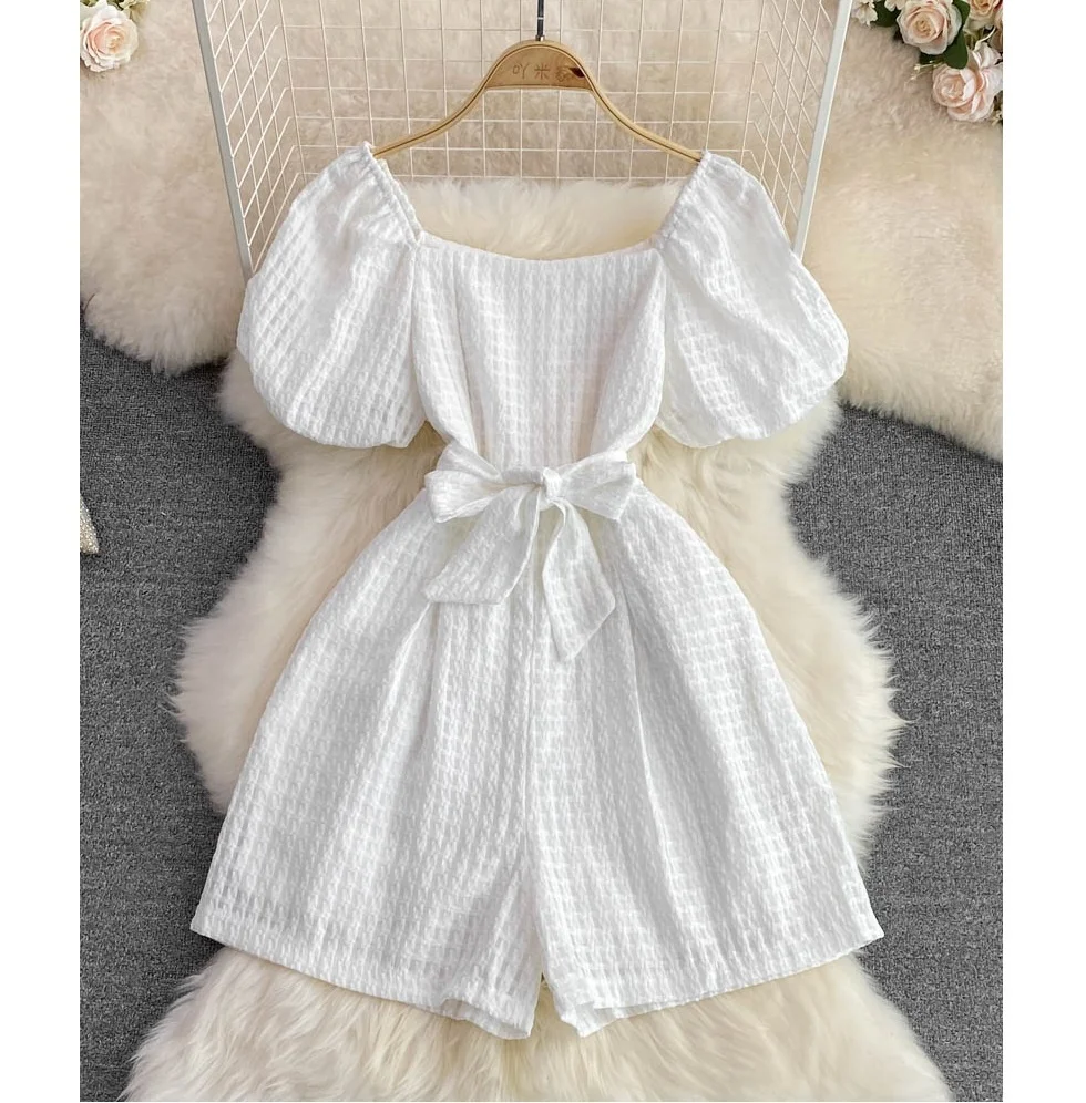 French Square Neck Bubble Short Sleeve Jumpsuit
