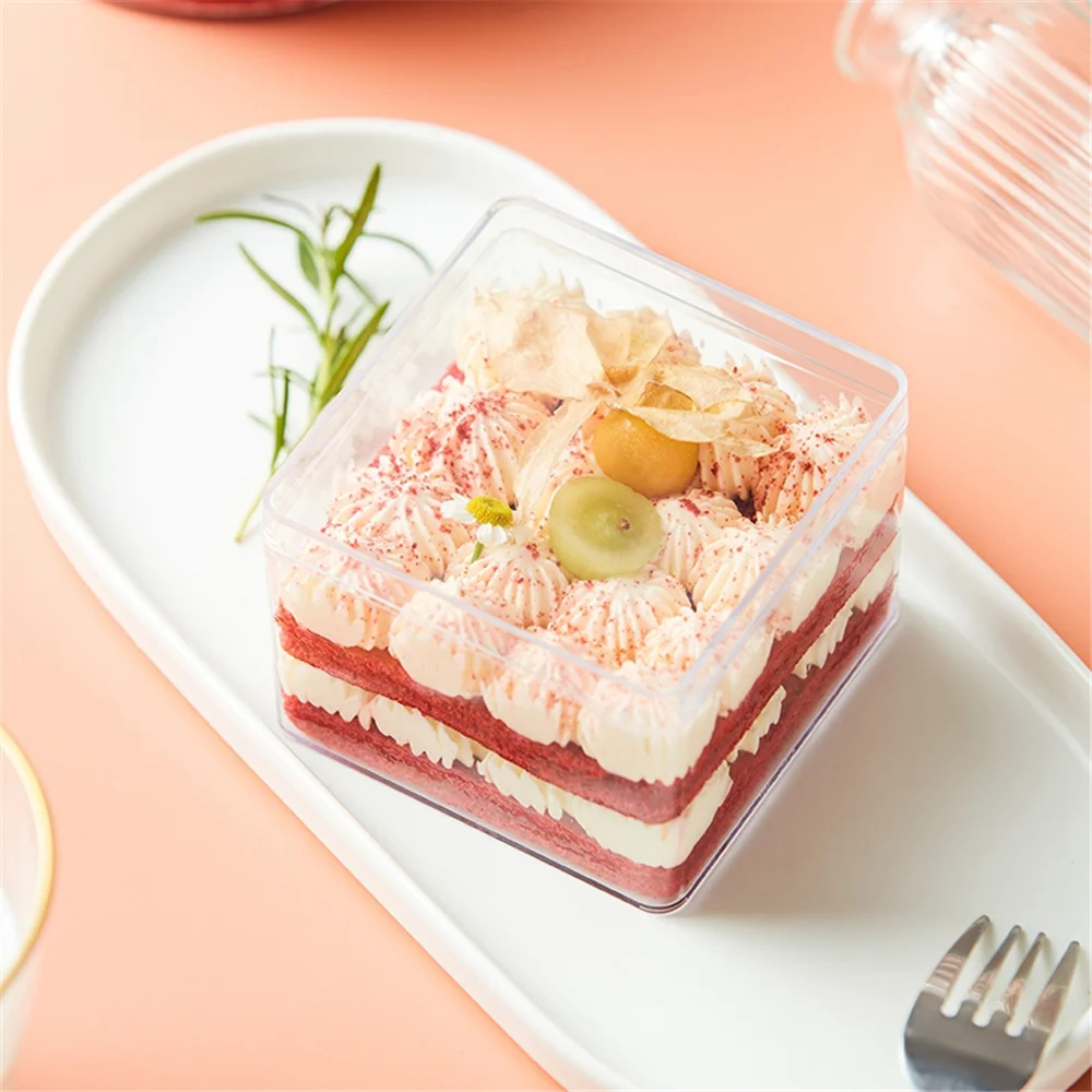 

Wholesale Red Velvet Mousse Cake Personalized Square Plastic Transparent Dessert Big Box Gift Packaging Box