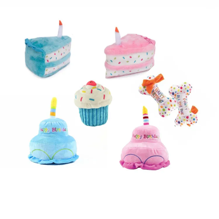 

Soft stuffing cupcake squeaky dog birthday cake plush toy, Pink, blue