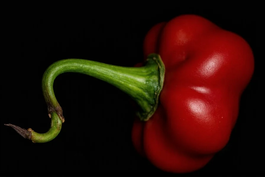 Close-up photograph of Carolina Reaper chilli pepper showing distinctive red color and stinger-like tail against dark background