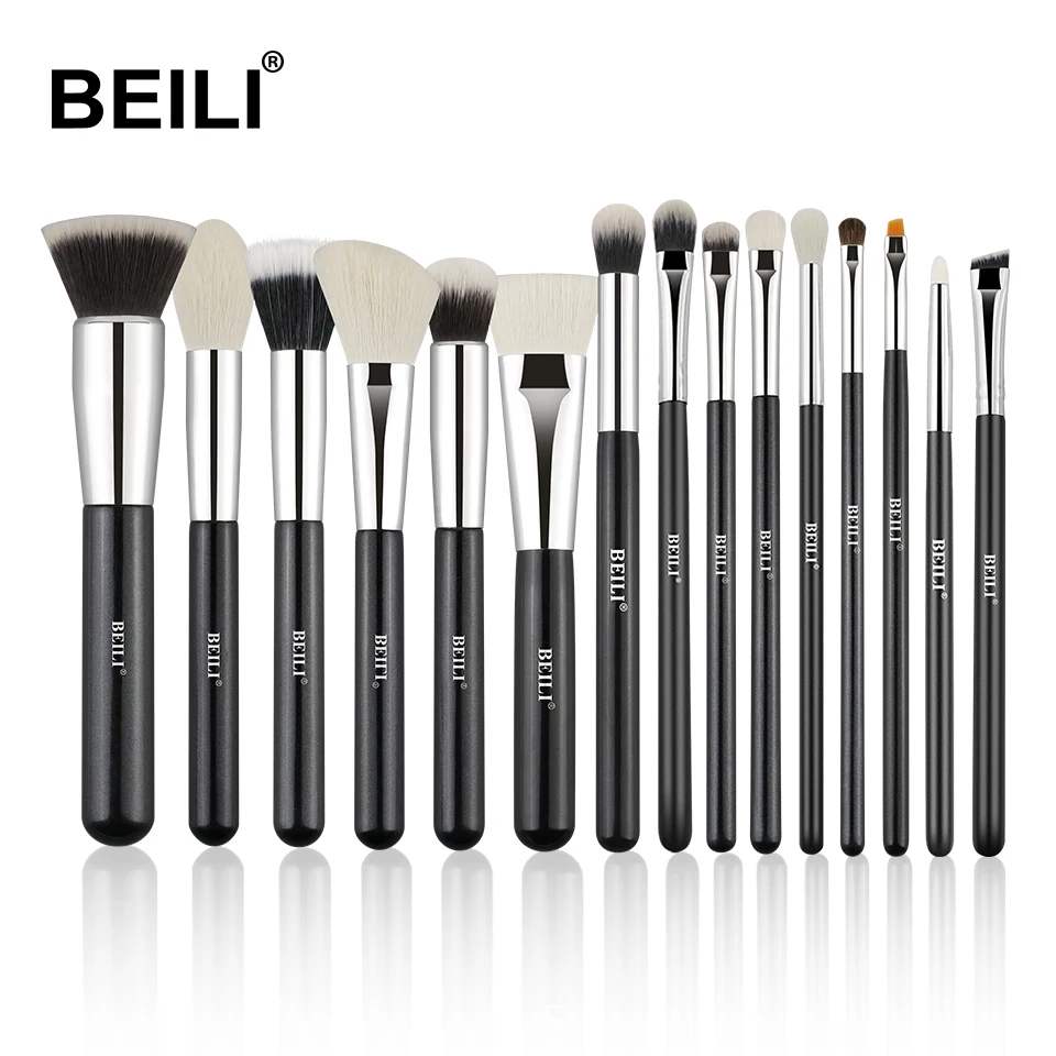 

BEILI Brand Professional Cosmetic Makeup Brushes 15pcs Natural Goat Hair Black Makeup Brush Set Custom Logo
