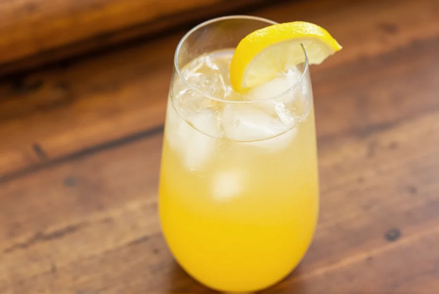 Glass of golden ginger lemonade with ice cubes and lemon slice garnish on wooden table