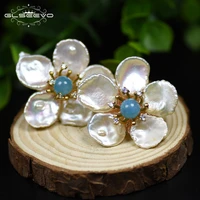 

GLSEEVO Natural Fresh Water Baroque Pearl Amazonite Flower 925 Sterling Silver Stud Earring For Women Fine Jewellery GE0597