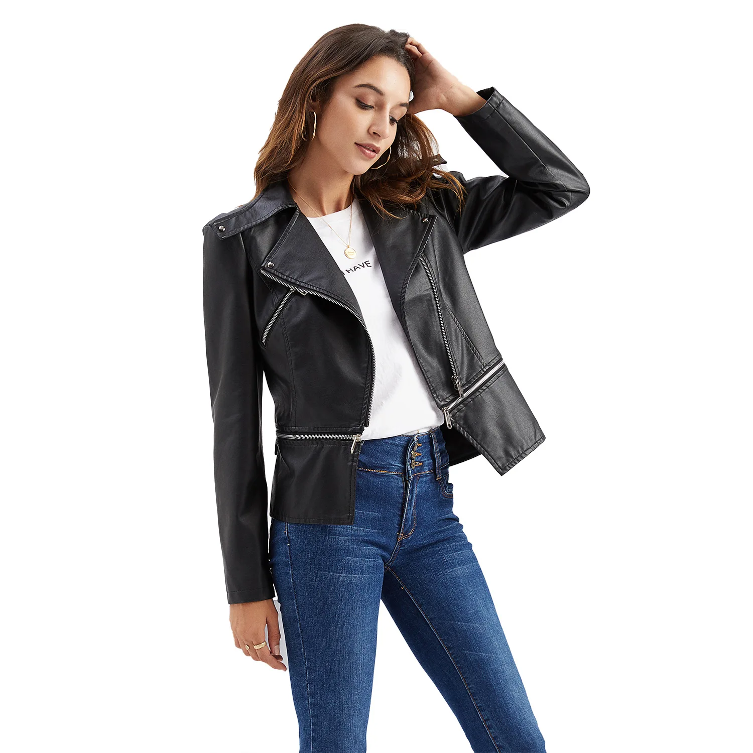 

Winter Plus Size 3XL European Solid Zipper Hem Detachable Turndown Collar Casual Women's Coats Motorcycle Leather Jacket, Solid color