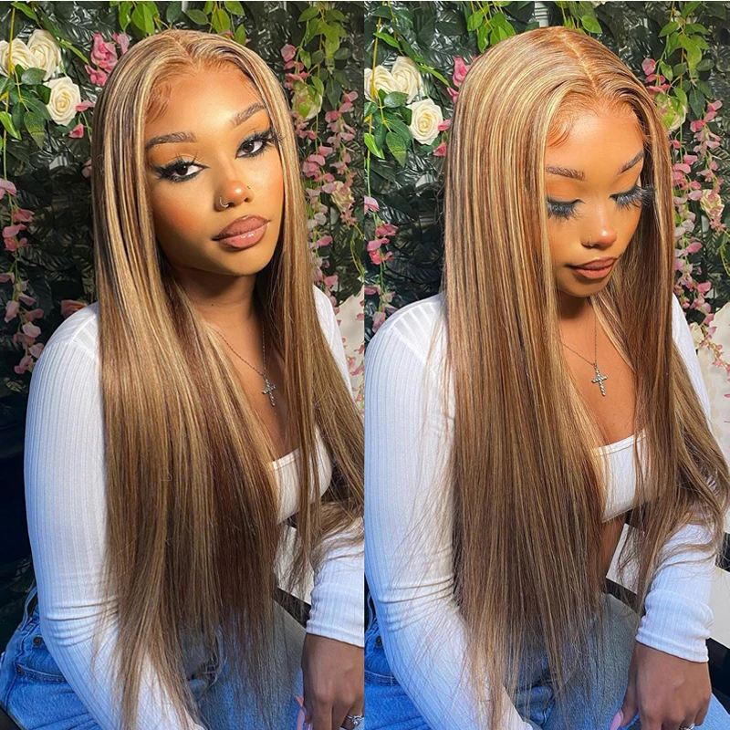 

Highlight Wig Brown Colored Human Hair Wigs 13X4 13X6x1 Ombre Straight Pre Plucked Highlight Lace Front Human Hair Wigs