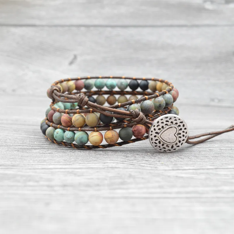 

Bohemia Handmade Natural Agate Stone Beads Leather Wrap Chakra Bracelet