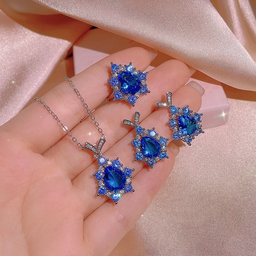 

Luxury Jewelry Set for Women Shiny Blue Topaz Gemstone Jewelry Charm Necklace Earring Opening Ring Party Jewelry Gift, Customized color