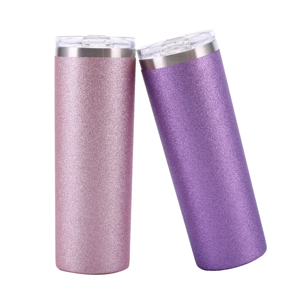 

Wholesale and Promotion Double Wall Vacuum Insulated 20oz Skinny Stainless Steel pink glitter tumbler, Any color is available