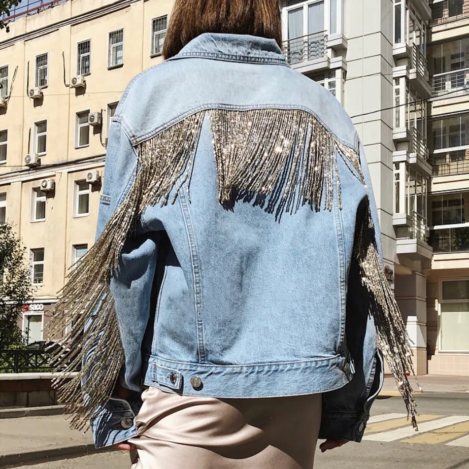 

CX new luxury ladies denim jacket fashion women dangle chain beadings fringes jean short punk cool denim coat motorcycle jacket