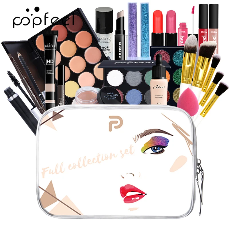 

Cosmetics Kit Eyeshadow Lipstick Eyebrow Pencil Lip Gloss Makeup Brush Set Puff with Makeup Bag Kit Eyeshadow makeup brush set