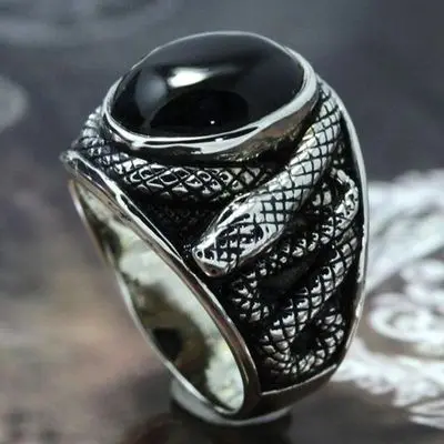 

2021 New Arrival Hot Selling Men's Retro Domineering Inlaid Black Gemstone Fashion Personality Snake Totem Chic Finger Ring