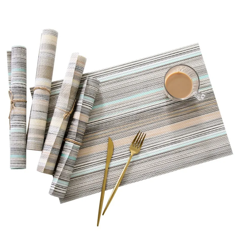 

Dining Table Mats Woven Placemats Heat Resistant Stripe Hot Sale PVC Mats & Pads Japan Style Rectangle Eco-friendly Stocked, Yellow, blue