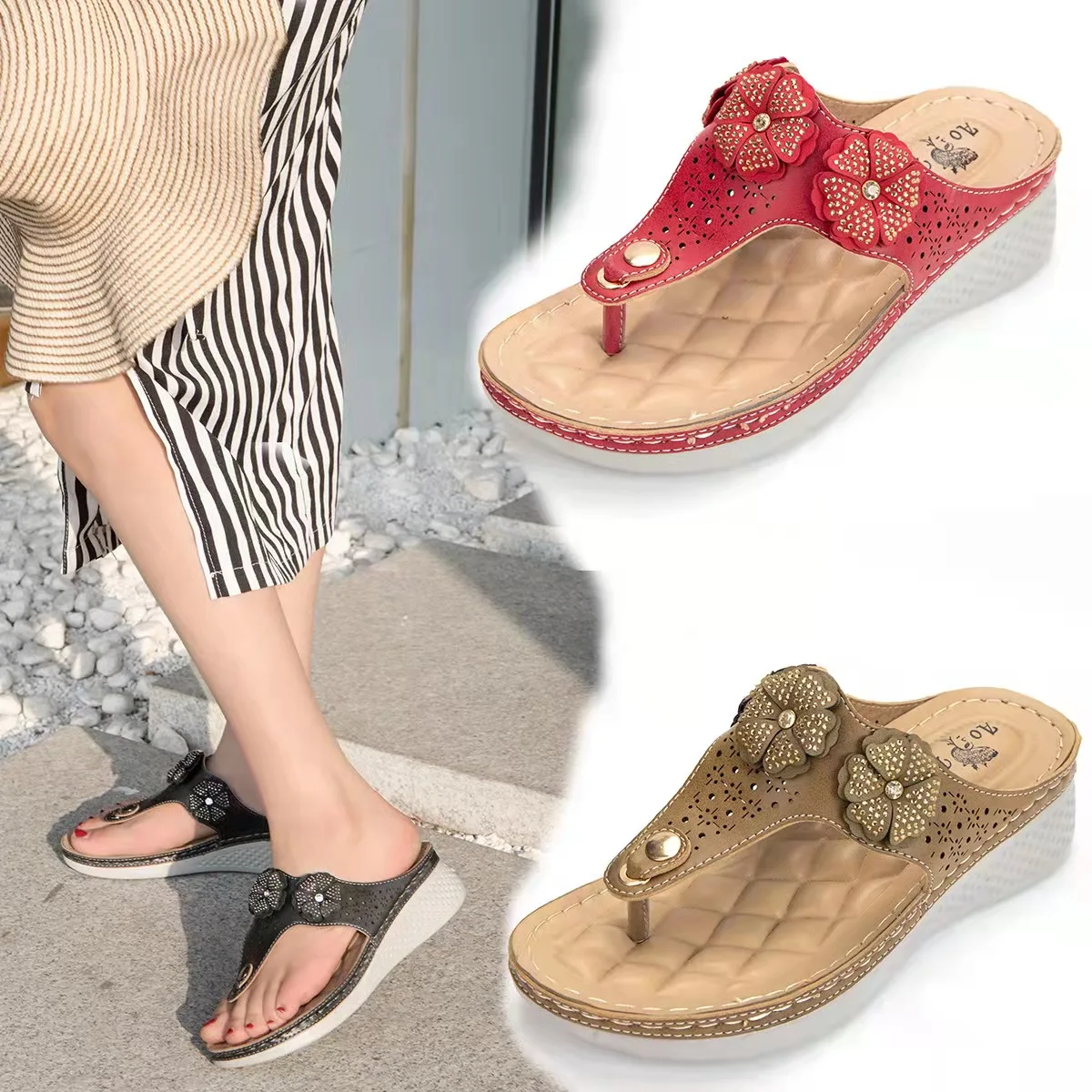 

2022 summer ladies wedges heel chunky sandal shoes pump footwear for women, Customized