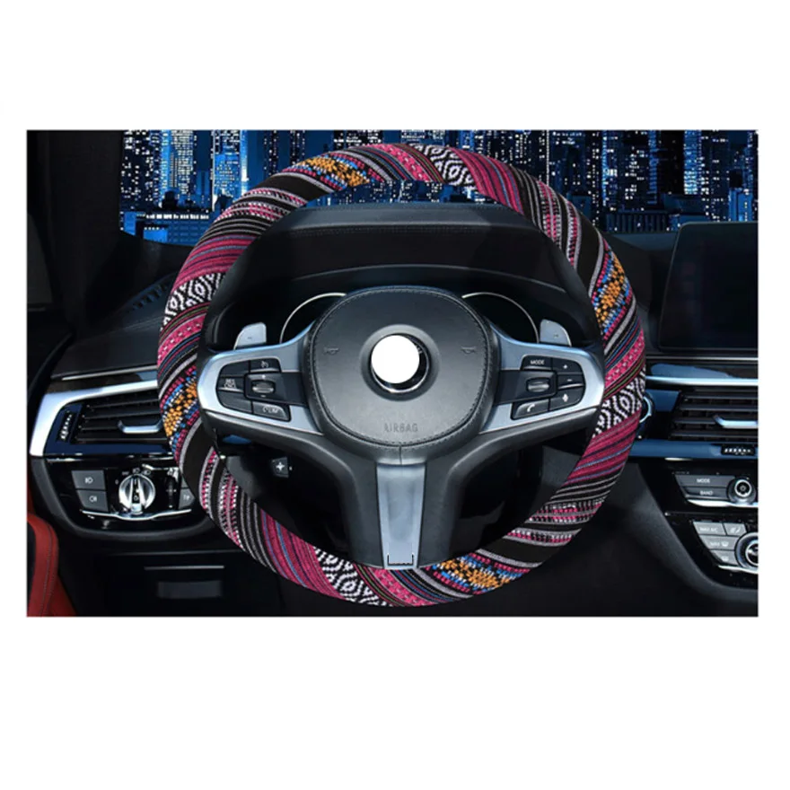 

Ethnic Style Coarse Flax Cloth Automotive Steering Wheel Cover Anti Slip and Sweat Absorption Auto Car Wrap Cover