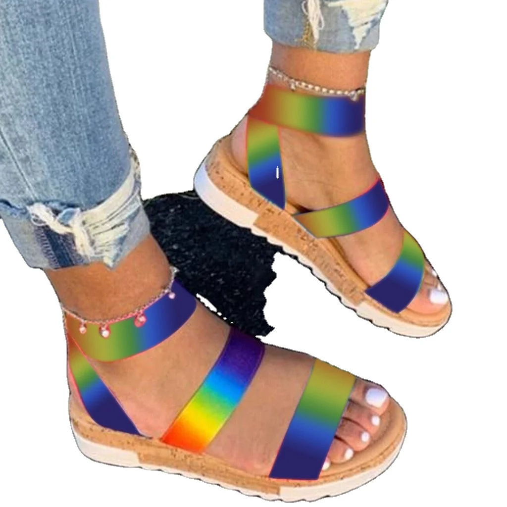 

2020 New Slip-On Open Toe Thread Color Flats Women Sandals Rainbow Colors Flat Outdoor Platform Shoes women's sandals