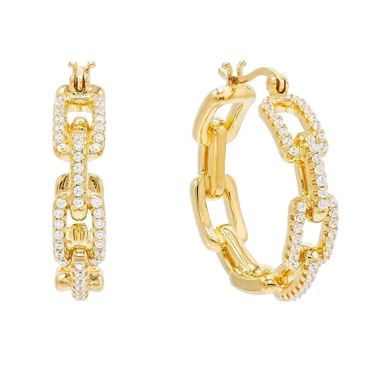 

Stainless Steel Non Tarnish 18K Gold Plated Diamond Cuban Link Chain Hoop Earrings