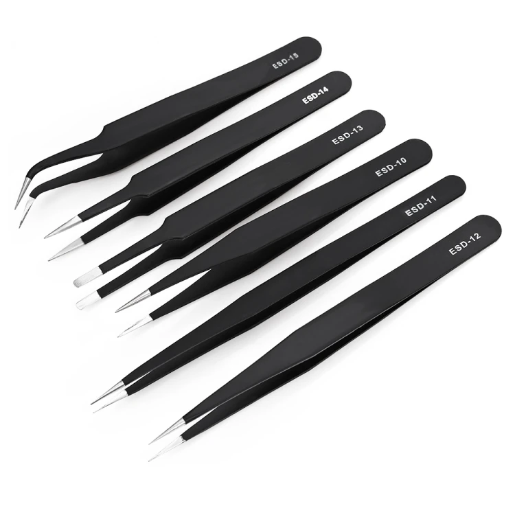 

6 in 1 Stainless Steel Anti Static Tweezers Set, Black